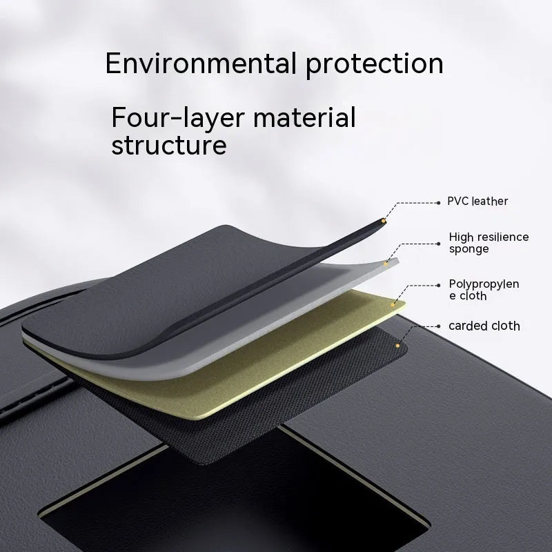 Black leather car seat back hanging storage bag with carrying handle shown in vehicle