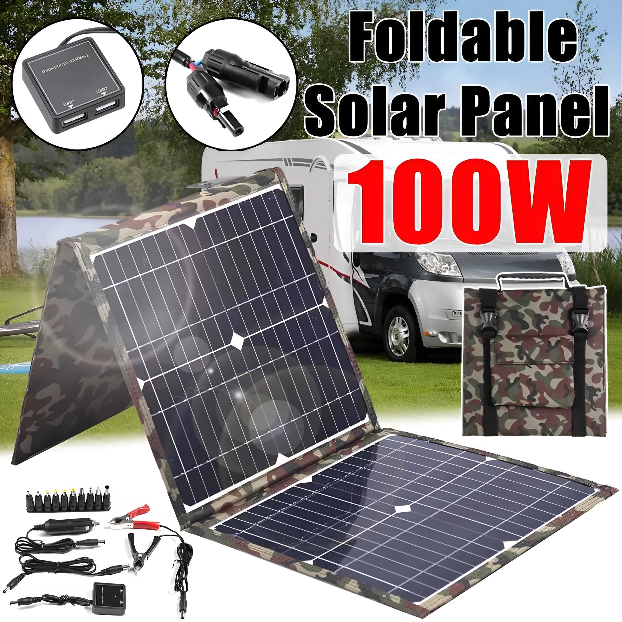 Black foldable 36W solar panel unfolded showing three monocrystalline cells with connection cables
