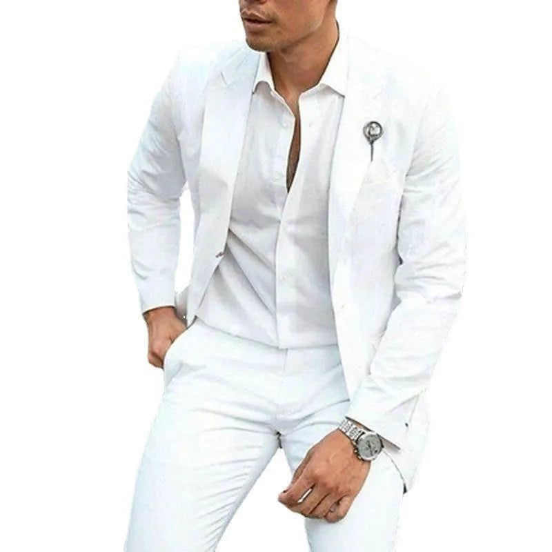 Men's white slim fit two-piece suit jacket and trousers for weddings