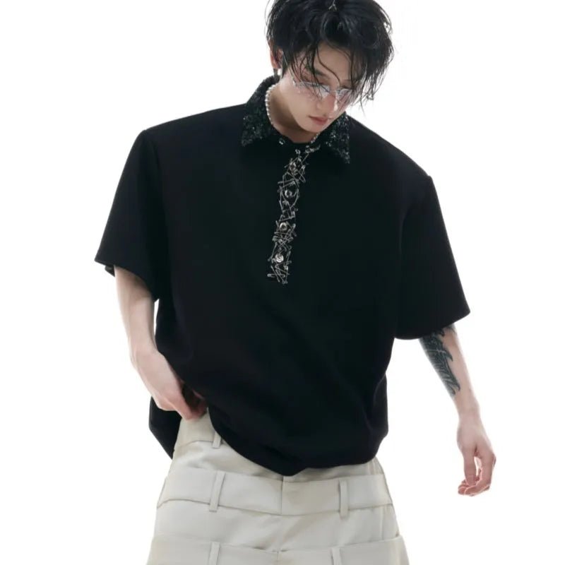 Men's black polo shirt with heavy embroidery and sequins on square collar, loose fit short sleeves
