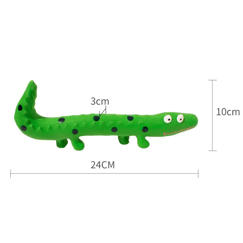 Green cartoon lizard shaped latex dog chew toy with squeaker on a white background