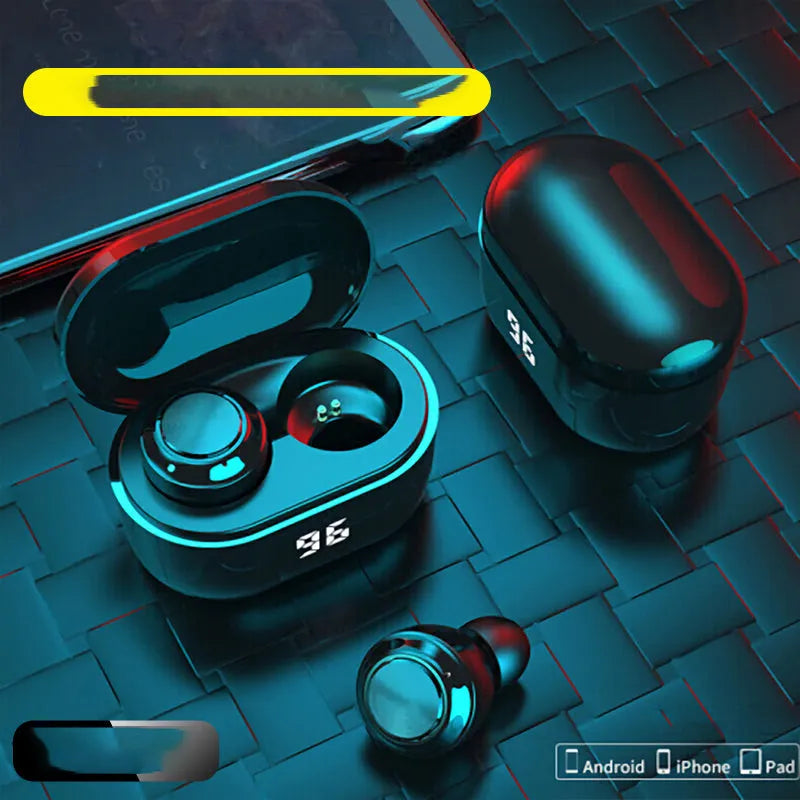 Black stereo Bluetooth headset with bilateral earbuds showing wireless design