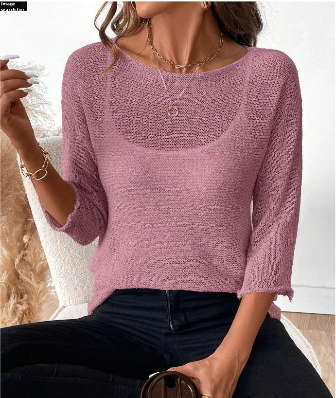 Women's knitted off-shoulder overall jumper in lavender purple with a 3D pattern and 3/4 sleeves.