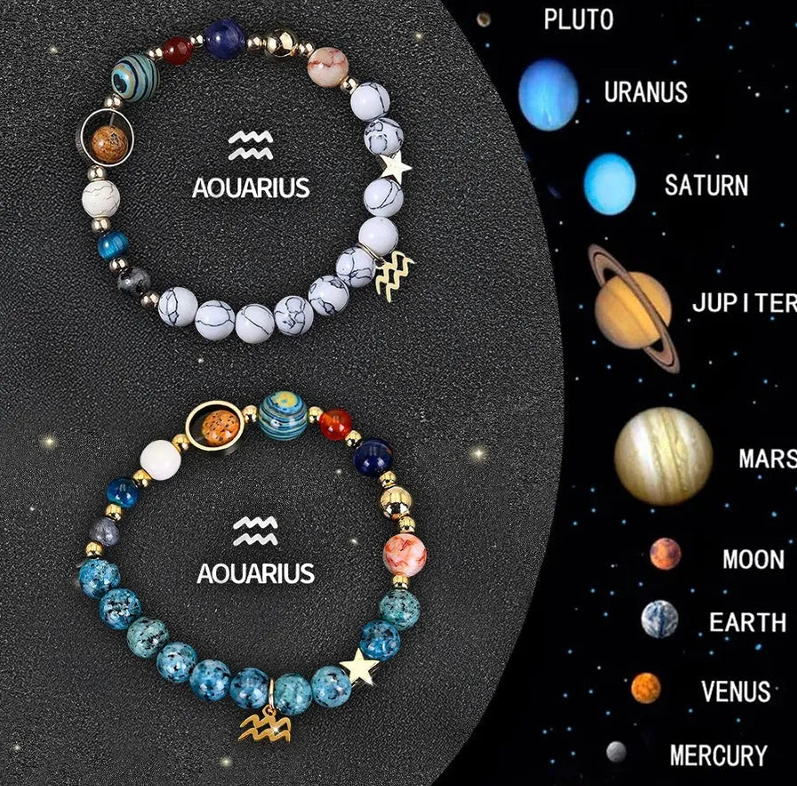 Two natural stone beaded bracelets with adjustable cords on a surface, representing a zodiac sign jewellery set.