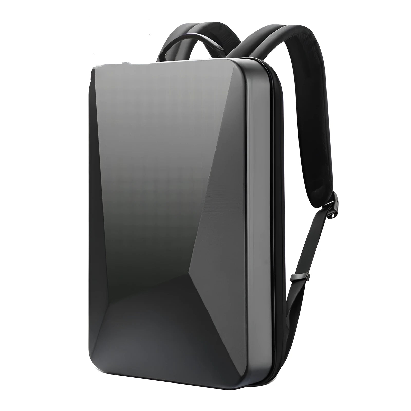 Black hard shell PC gaming backpack with lock opening and double shoulder straps