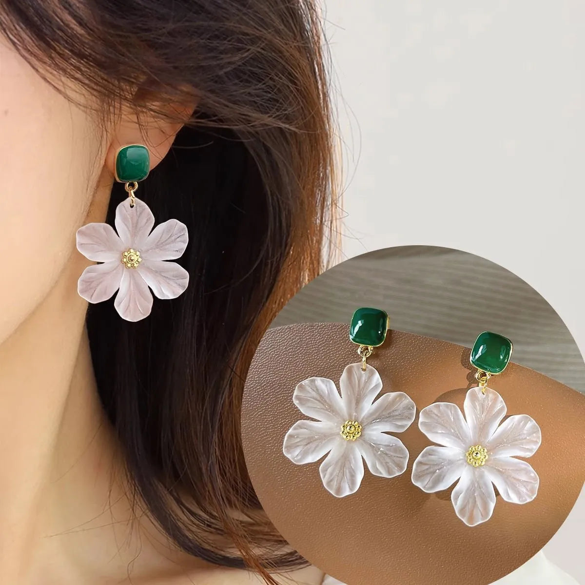 Dark green needle flowers sweet earrings in sterling silver alloy for women