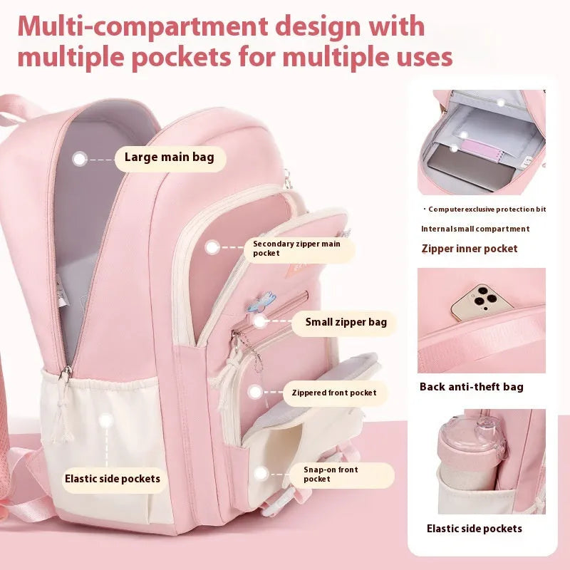 Pink waterproof Oxford cloth school backpack for girls with curved shoulder straps on a white background.