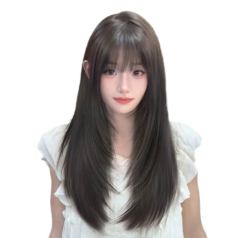 Women's full-head hair net wig in black long straight style with high layering and brown-black root colouration