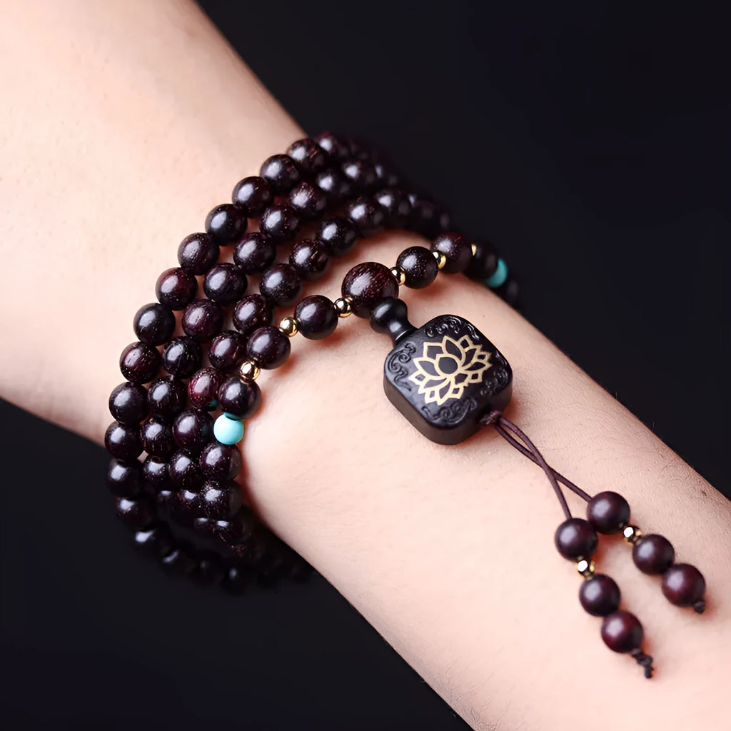 Zambia rosewood DIY Buddha beads bracelet kit with 108 wooden beads and flat lotus pendant