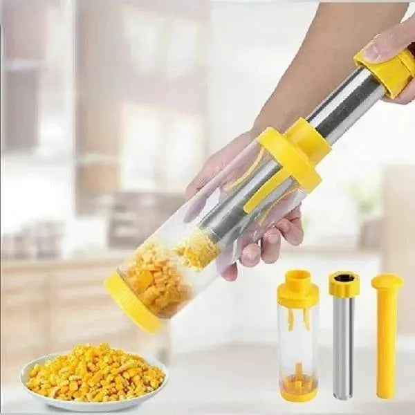 Yellow cylindrical corn stripper kitchen tool made of ABS plastic and stainless steel.