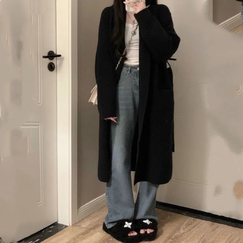 Women's loose large knitted chenille cardigan sweater with 3D pattern in dark grey colour