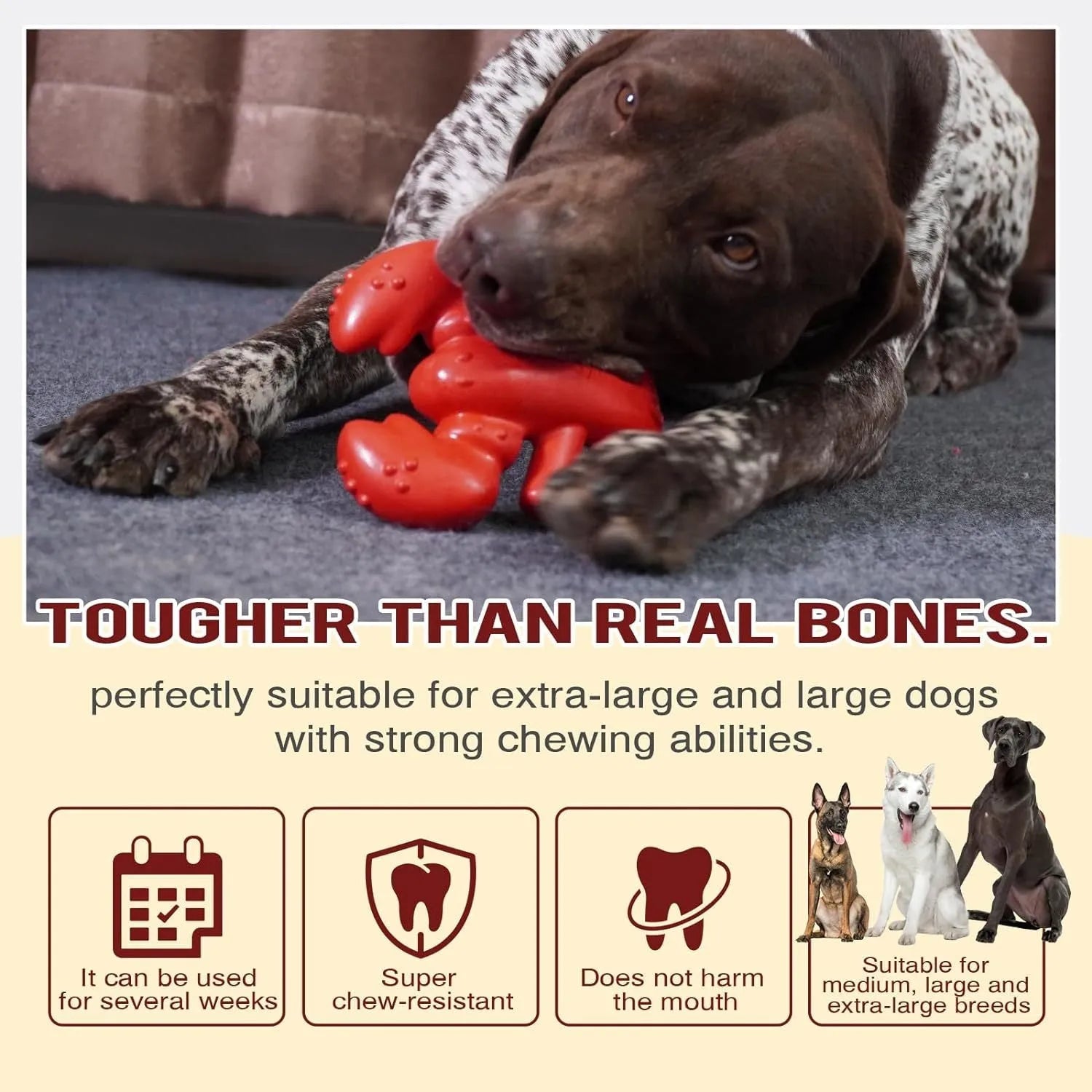 Red hard-wearing dog chew toy for large breed dogs measuring 170mm long