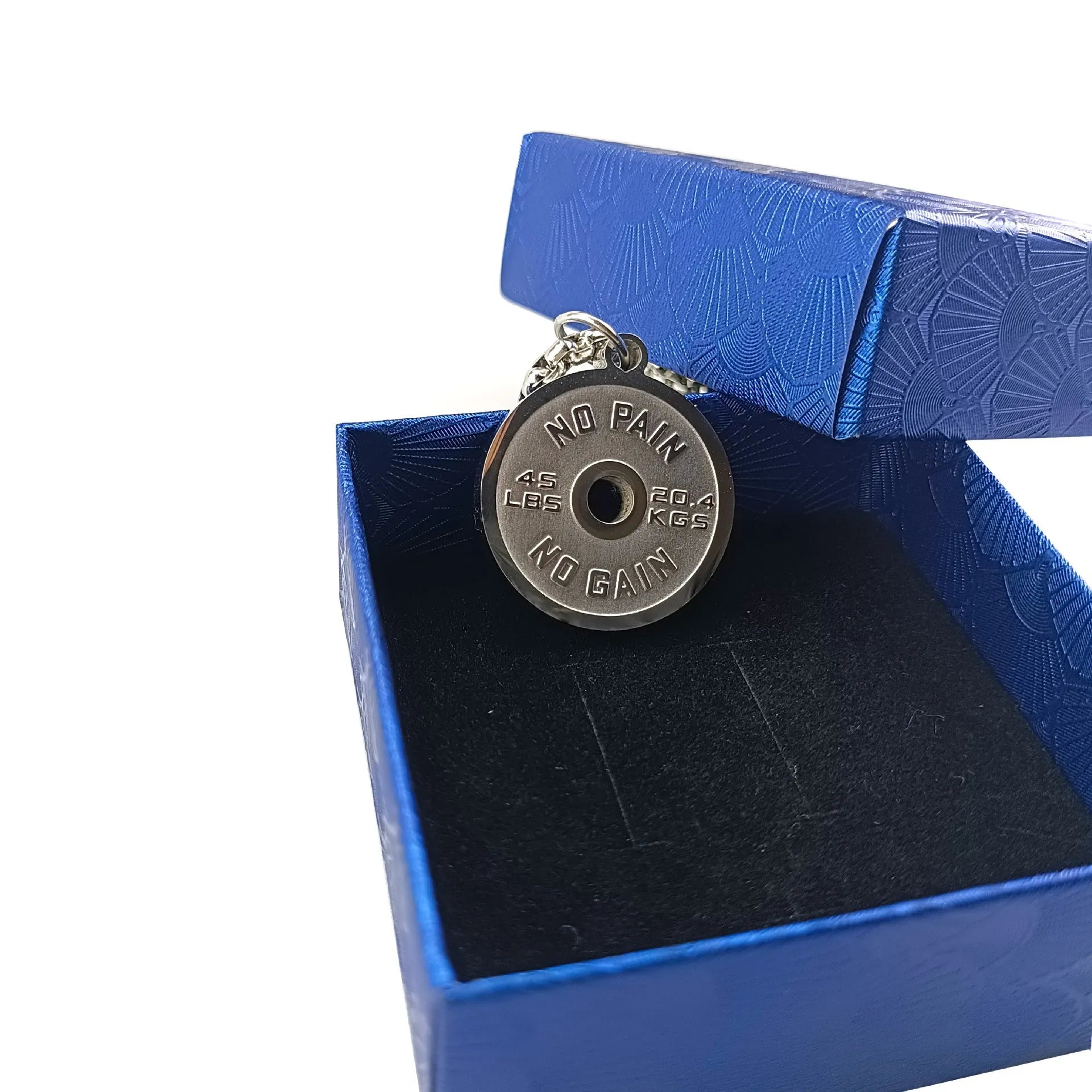 Polished stainless steel geometric barbell disk necklace on a choice of 60cm chains.