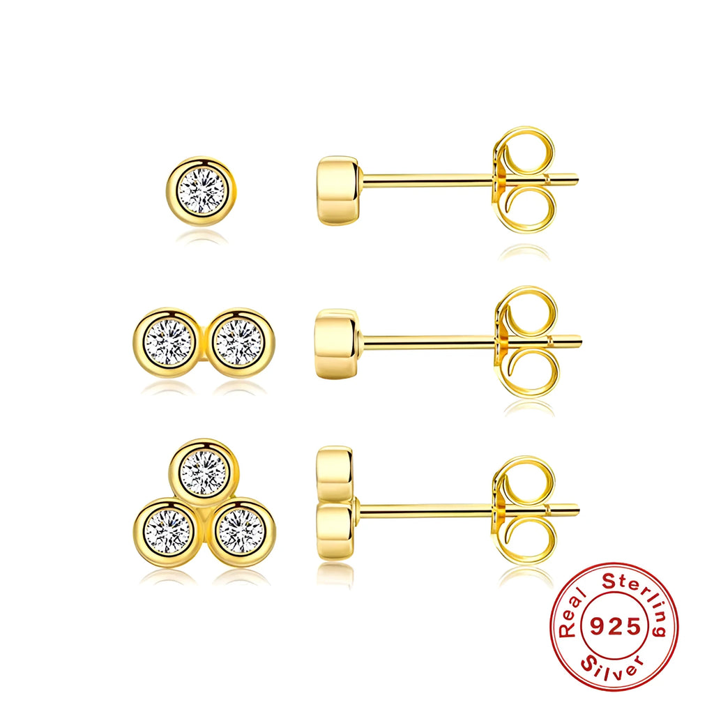 S925 sterling silver single diamond stud earrings, yellow gold and white gold colour options, round geometric shape