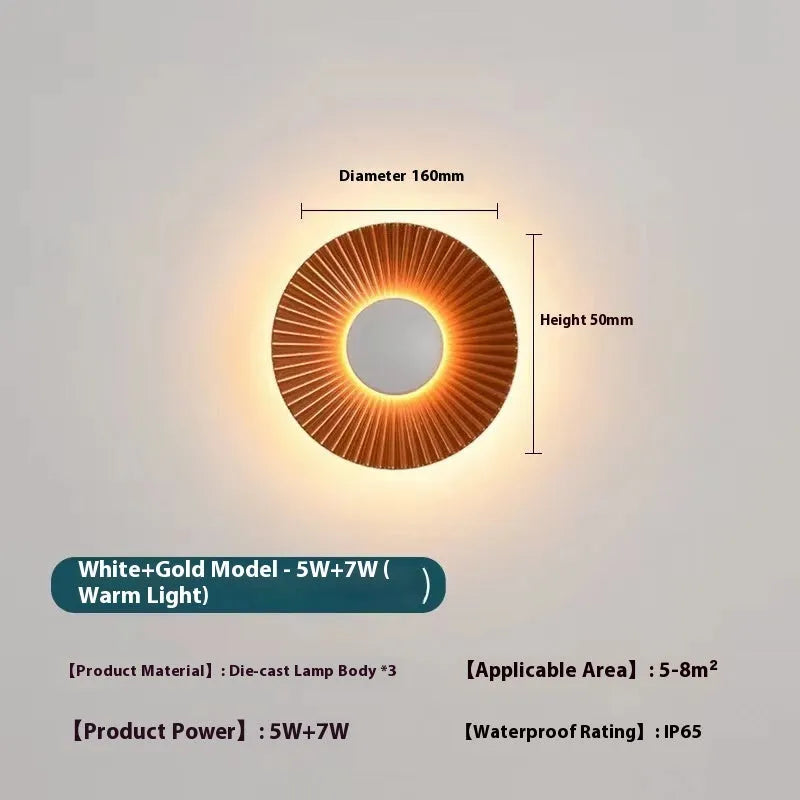Round aluminium wall lamp with white and gold colour combinations for bedroom or living room