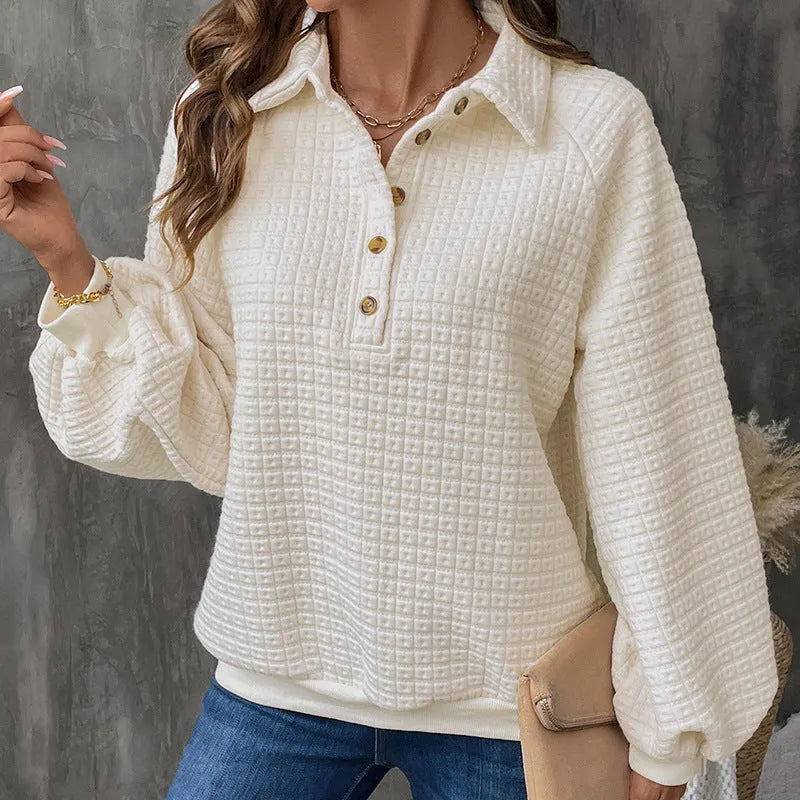 Women's polo collar sweater in milky white thickened polyester knit
