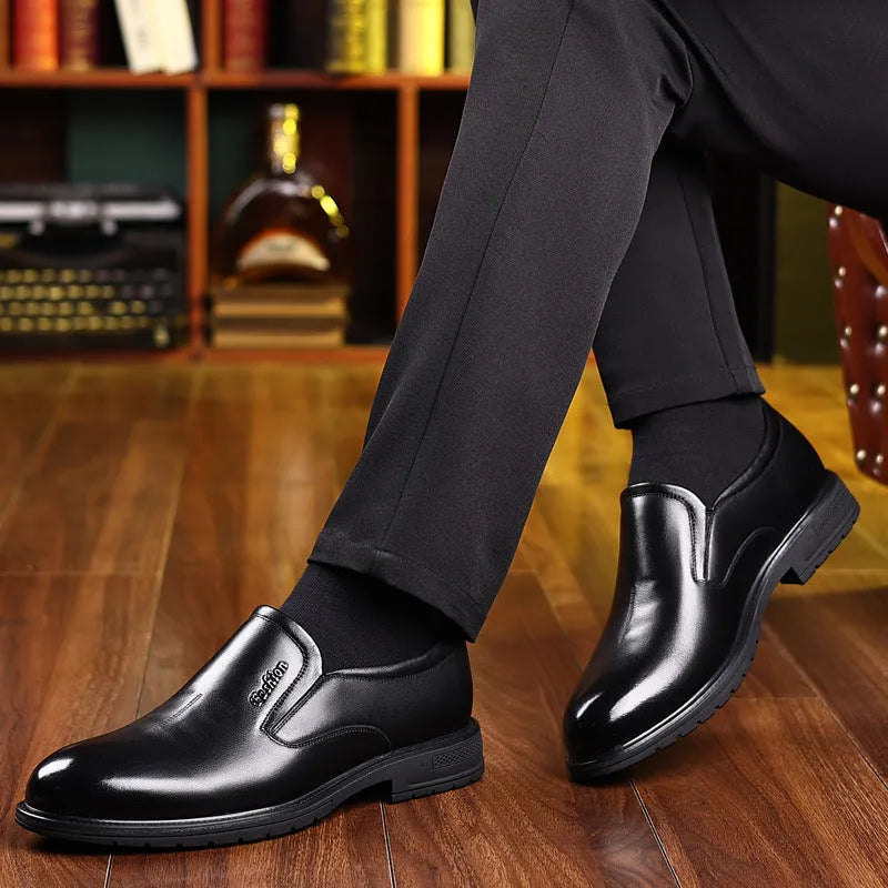 Men's black cowhide formal leather shoes with rubber sole and low upper, side view