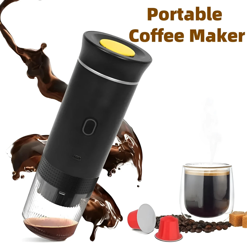 3-in-1 portable espresso maker in white with USB charging cable and ground coffee capsule compartments