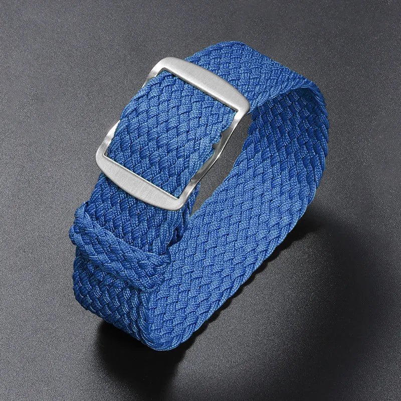 Woven nylon watchband in beige, 20mm width, with canvas-style finish on white background