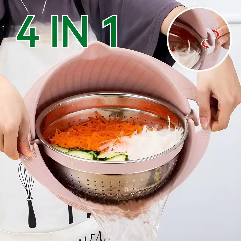 Rotatable 4-in-1 kitchen draining basket with stainless steel blades in Nordic colour on a countertop