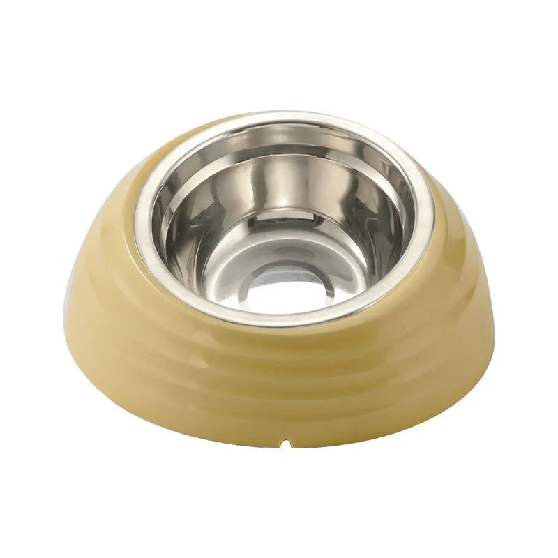 Stainless steel cat bowl on plastic stand in beige, green or brown colour