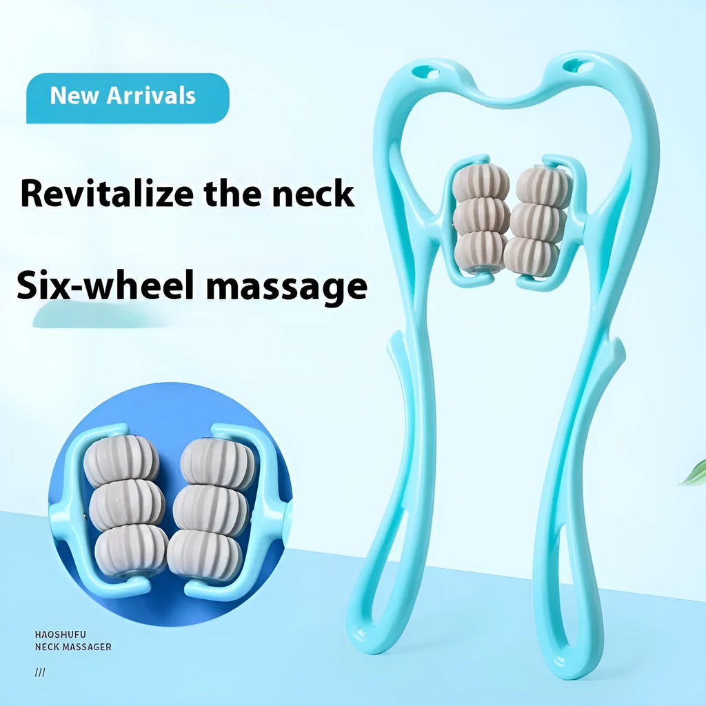 Blue plastic handheld massager with six rolling wheels for neck and shoulders.