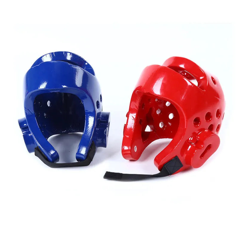 Red and blue karate protective gear set showing a helmet and leg guards made of PU material.