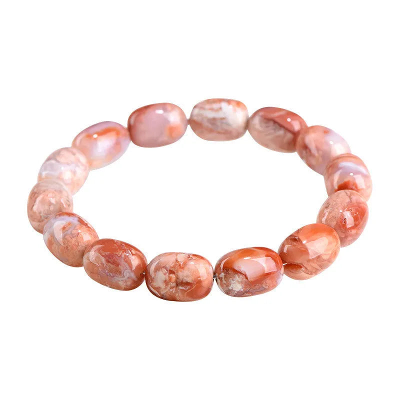 Natural cherry agate barrel bead bracelet with 10x14mm geometry and Ruyi design elements