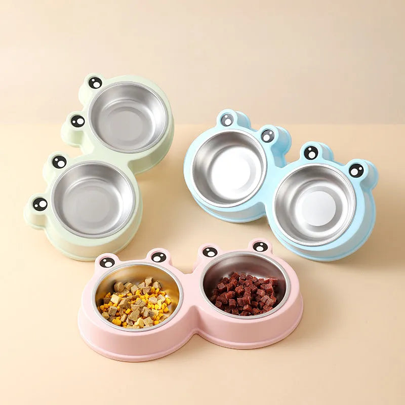 Stainless steel pet double feeding bowl in blue, green, or pink colour for cats and dogs.
