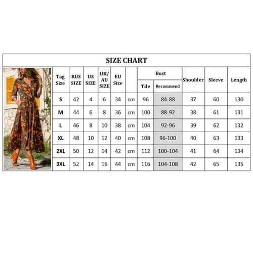 Women's long sleeve V-neck chiffon dress with A-line skirt and printed pattern.