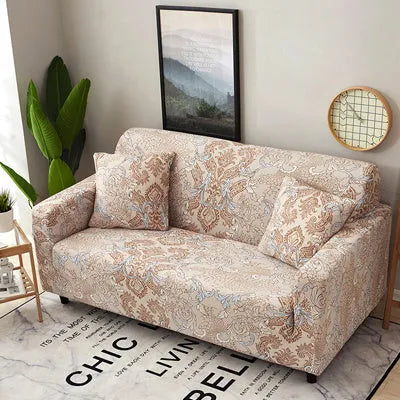 Geometric patterned stretch sofa slipcover fitted on a modern two-seater sofa.