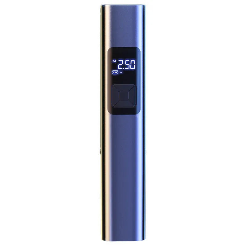 Compact black wireless car tyre inflator and vacuum cleaner with digital screen and LED light