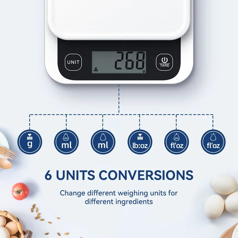Black Bluetooth smart kitchen scale with nutrition calculator app on phone screen, 153x135x27mm