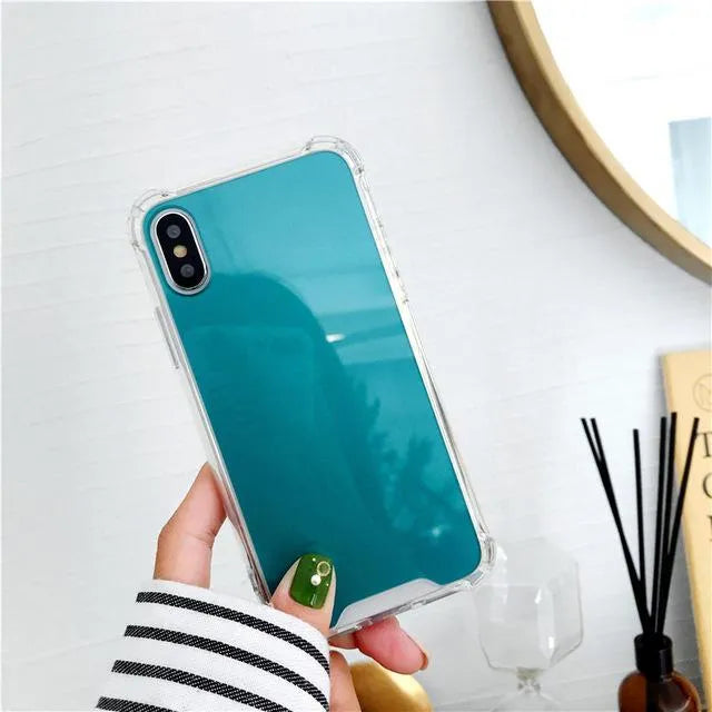 Reflective mirror phone case in soft TPU material available in multiple colours for various iPhone models showing back and side view