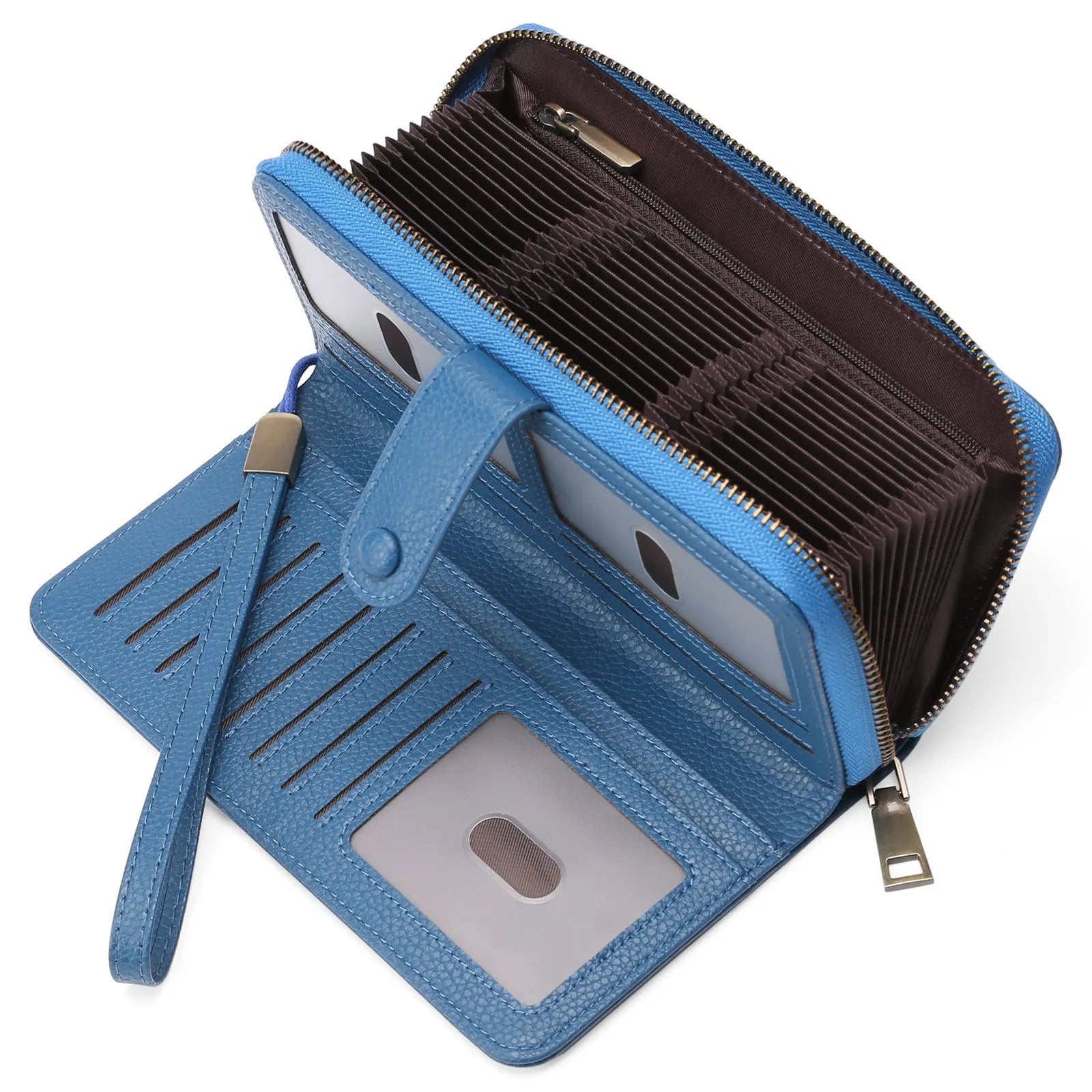 Women's long expanding card holder wallet in synthetic leather with anti-theft swiping feature