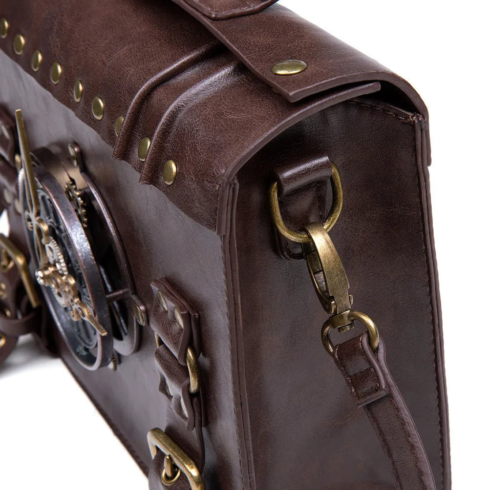 Bronze steampunk industrial retro shoulder bag with square pillow bag design and metal hardware