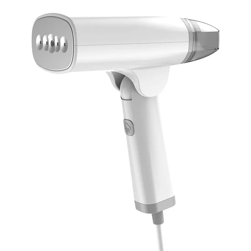 Blue and white handheld garment steamer unit showing compact design with water tank and steam nozzle