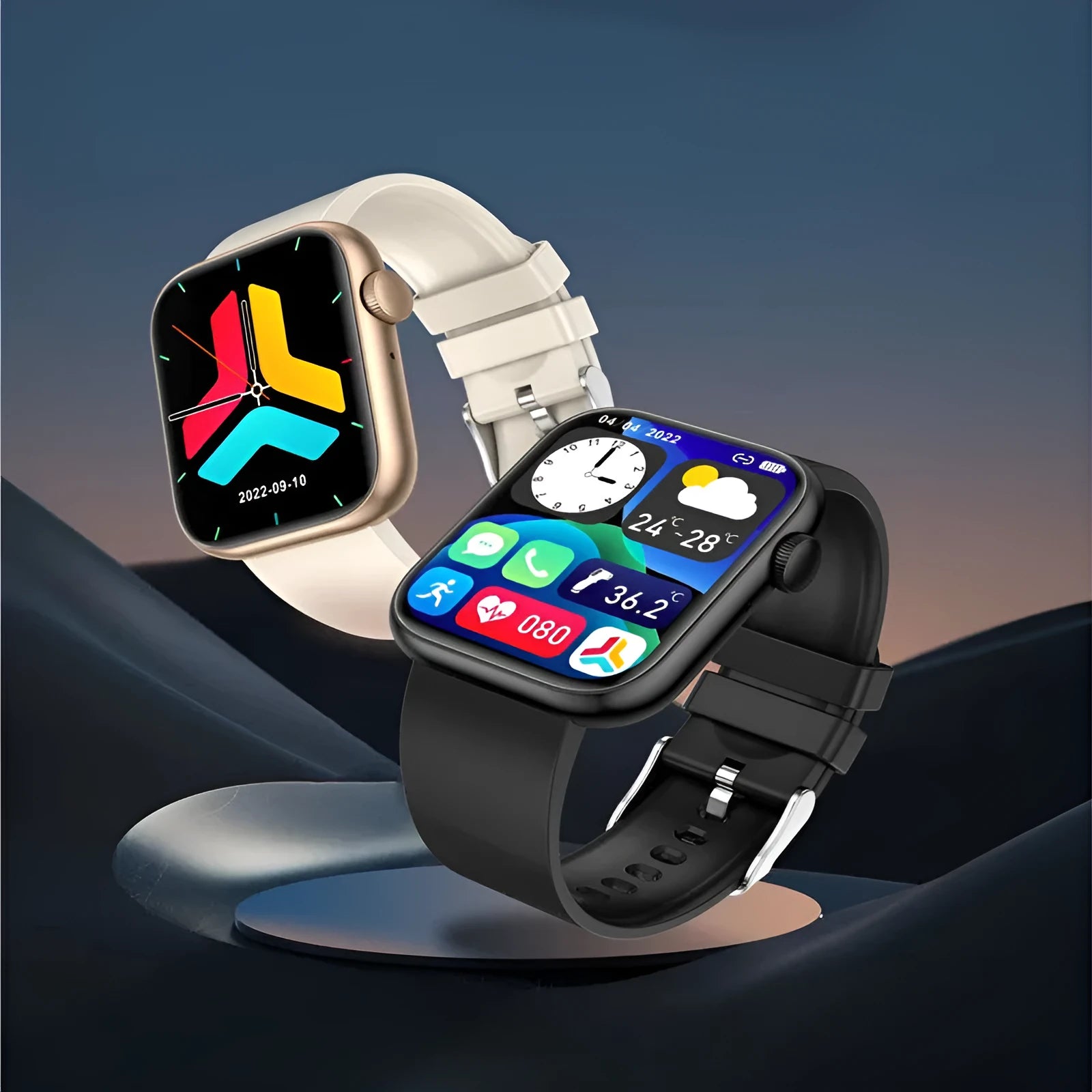 QX7 body temperature health smart watch with 1.85-inch TFT screen, metal knob, and silicone strap on a wrist
