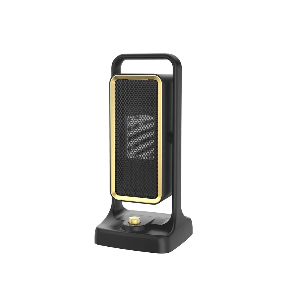 Black PTC ceramic desktop heater showing control knob and compact dimensions