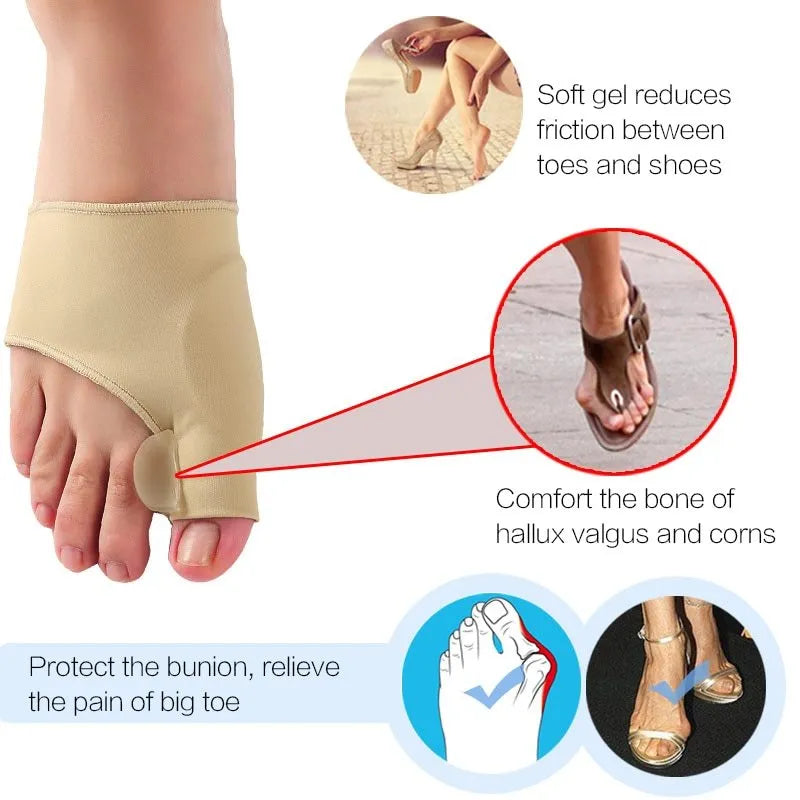 Valgus toe separator corrective socks with silicone gel bunion pad shown in sizes S, M, and L.