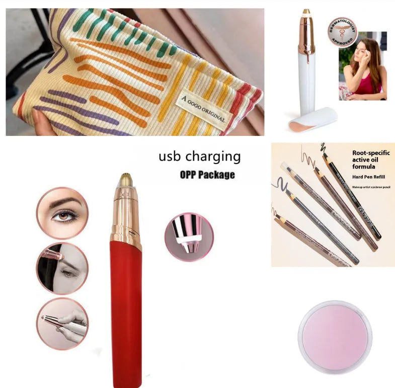 Eyebrow epilator pen with gold plated head and LED light on pink background