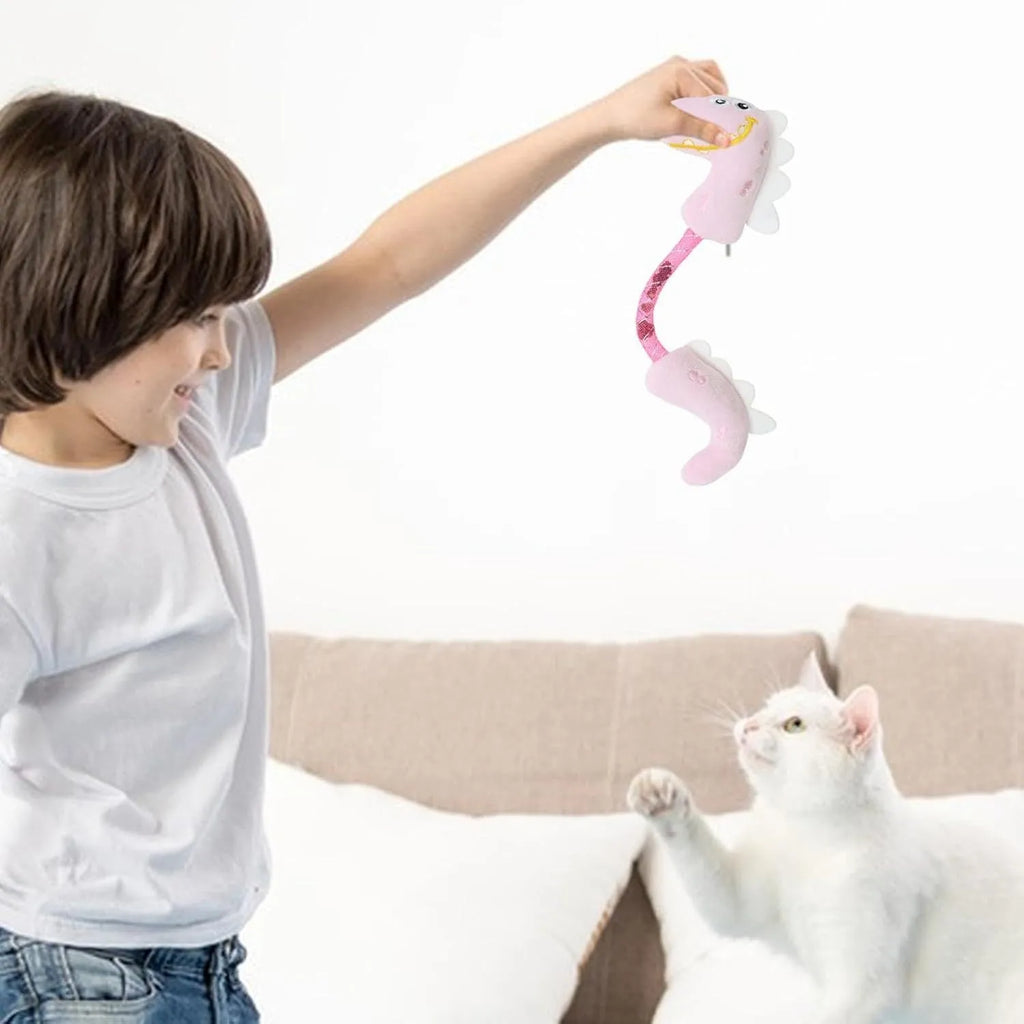 Four interactive cat toys: catnip rope, plush fish, plush mouse, and plush bunny in pink