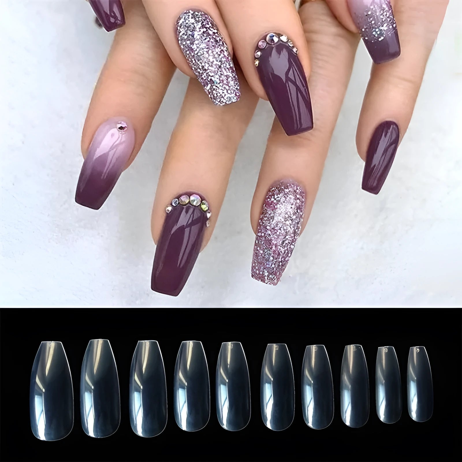 500-piece set of clear and natural coloured ABS false nails in 10 different sizes