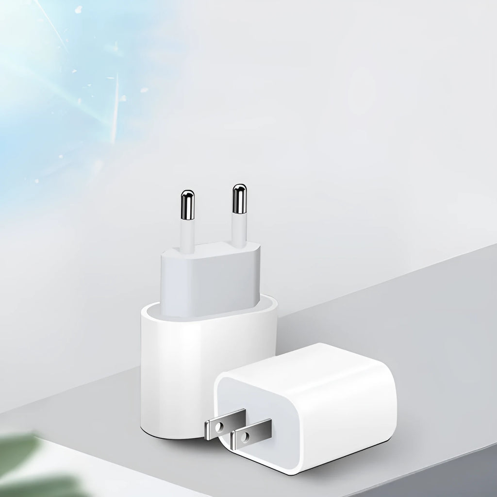 Mobile phone charger with American and European plug versions showing USB port