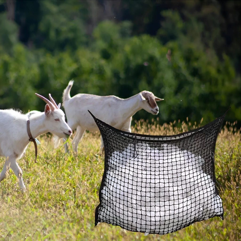 Black woven PE rope hanging feeding bag for horses, shown with hay, next to a white version.