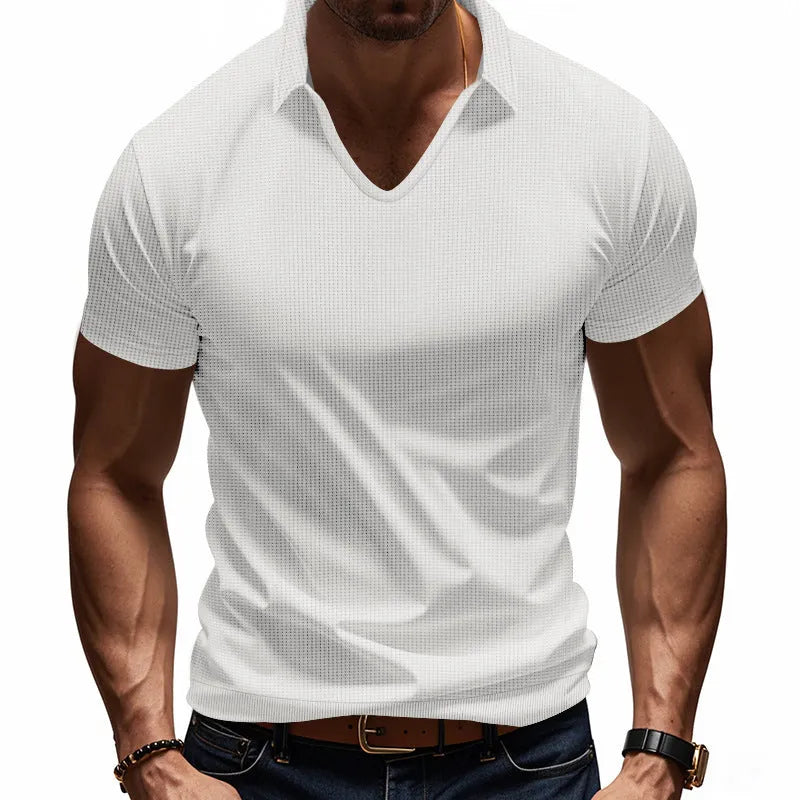 Men's casual V-neck loose fit short sleeve t-shirt in cotton blend fabric shown in multiple colour options
