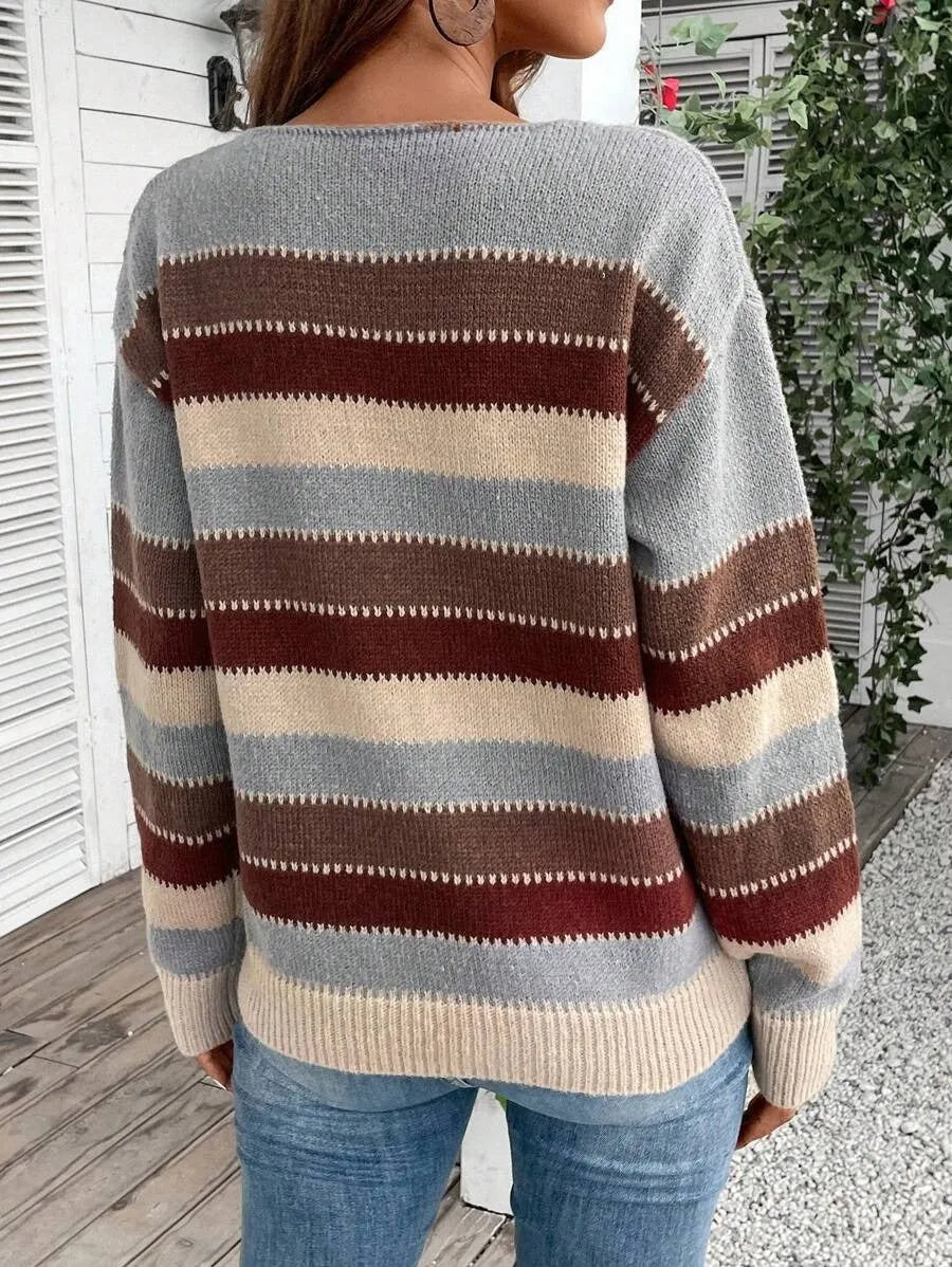Women's colourblock striped polyester pullover sweater with long sleeves