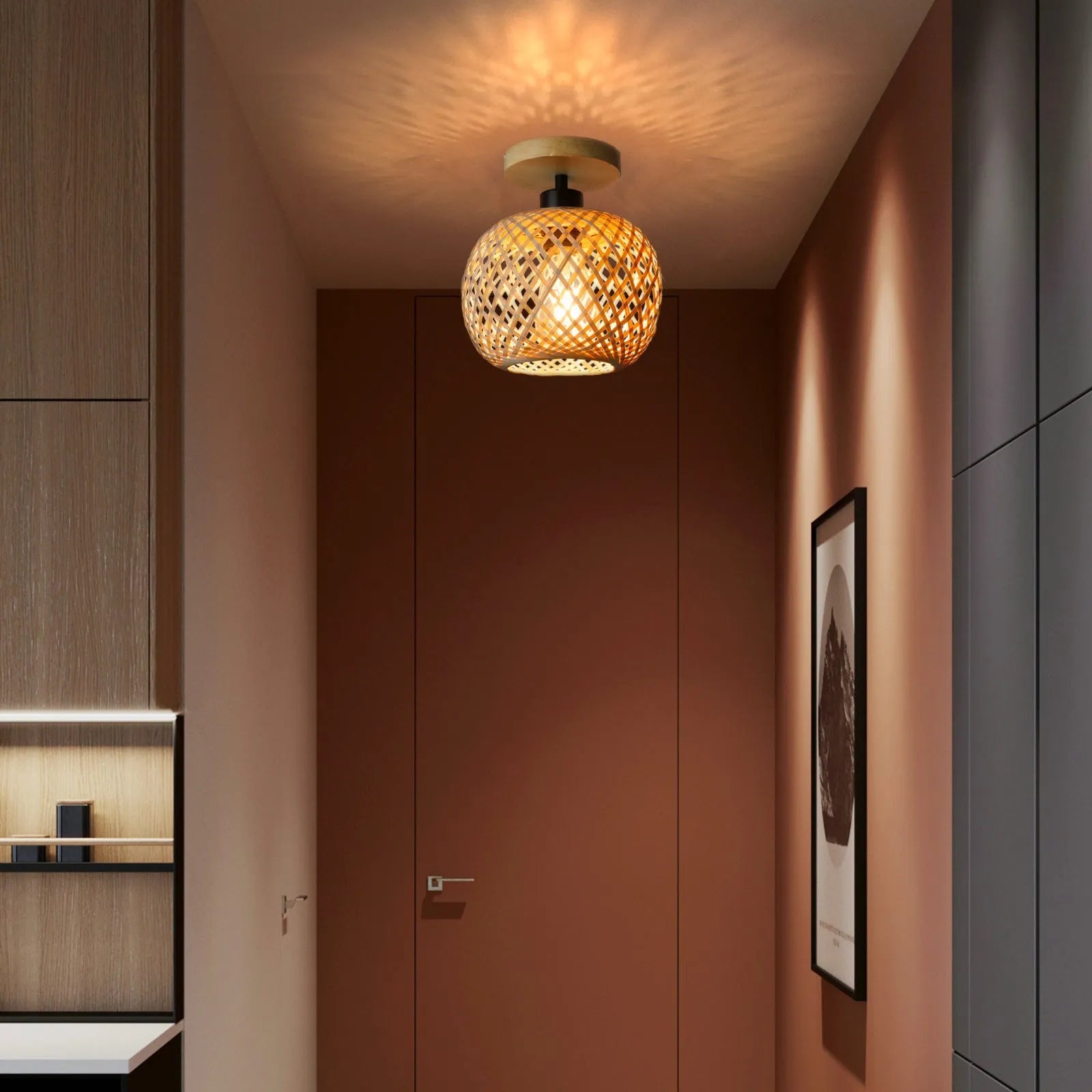 Japanese-style bamboo ceiling lamp for hallway or entrance with pastoral design