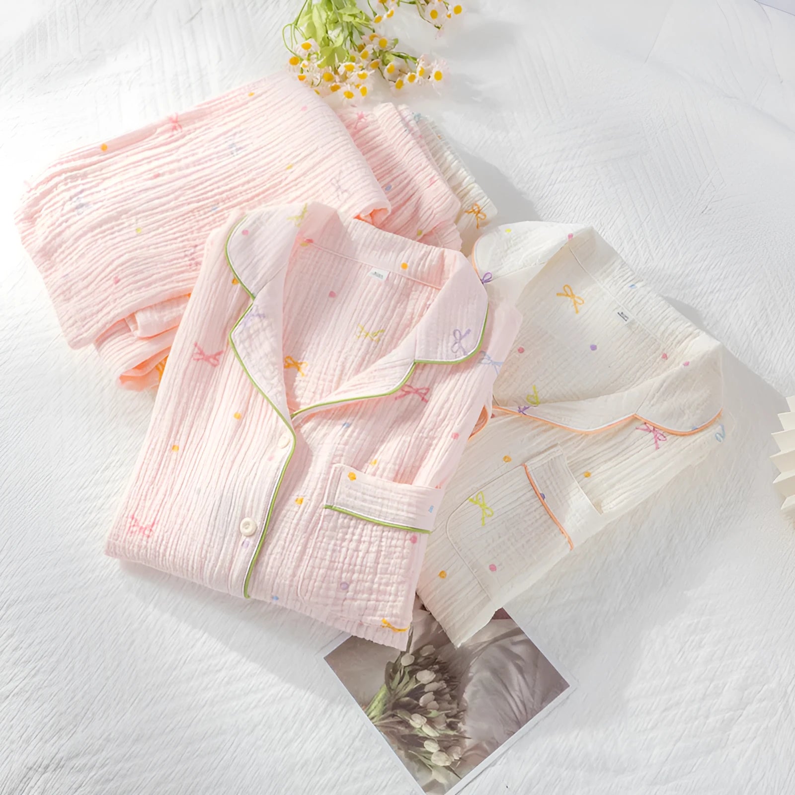 Women's long-sleeved cotton pyjama set in lightweight fabric available in pink or beige