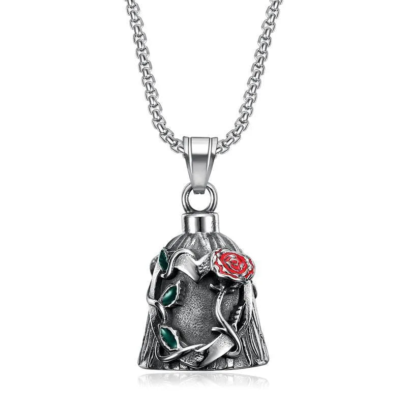 Titanium steel vintage motorcycle lucky bell with double-sided epoxy rose design and polished geometric shape